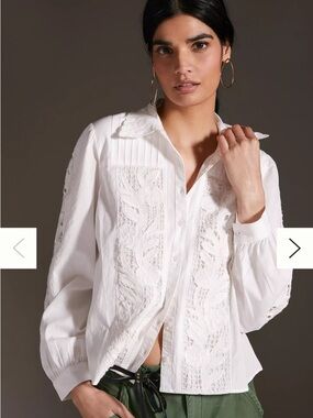 Anthropologie White Lace-Panel Button-Up Blouse, size S